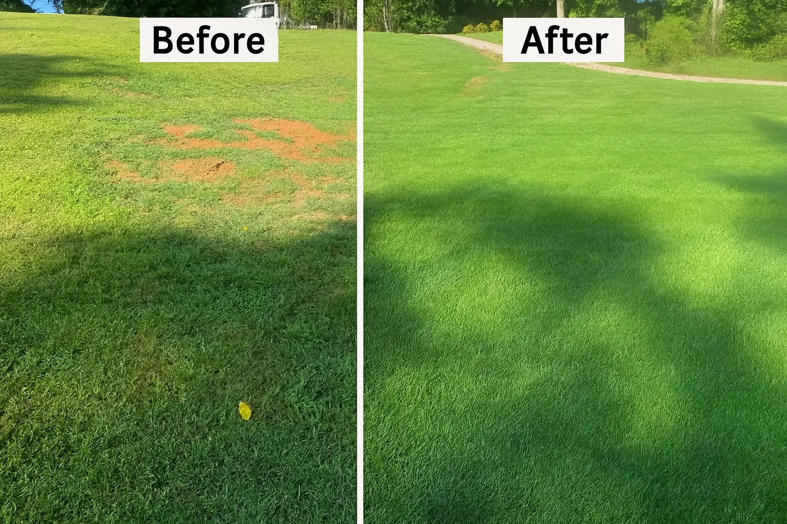 Before and after thin & bare lawn repair project completed by Back 2 Eden